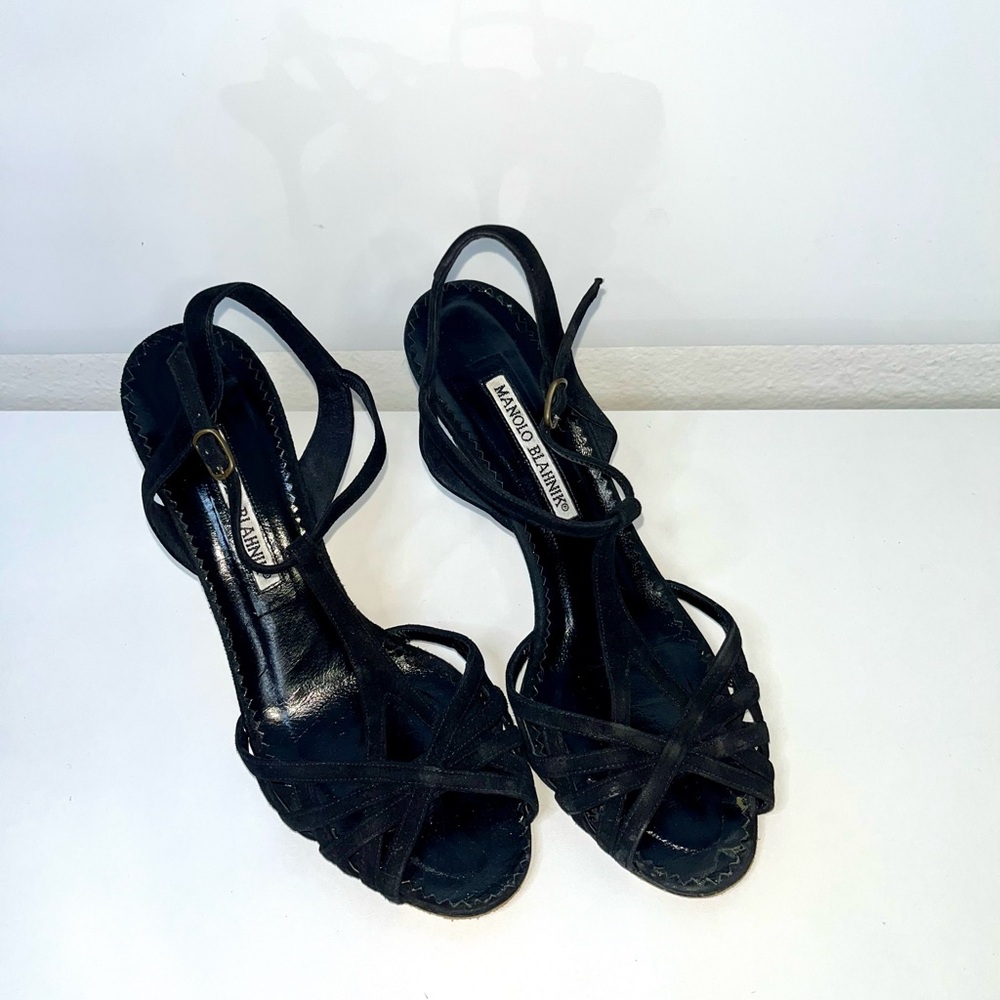 Manolo Blahnik Black Suede Strappy Heels